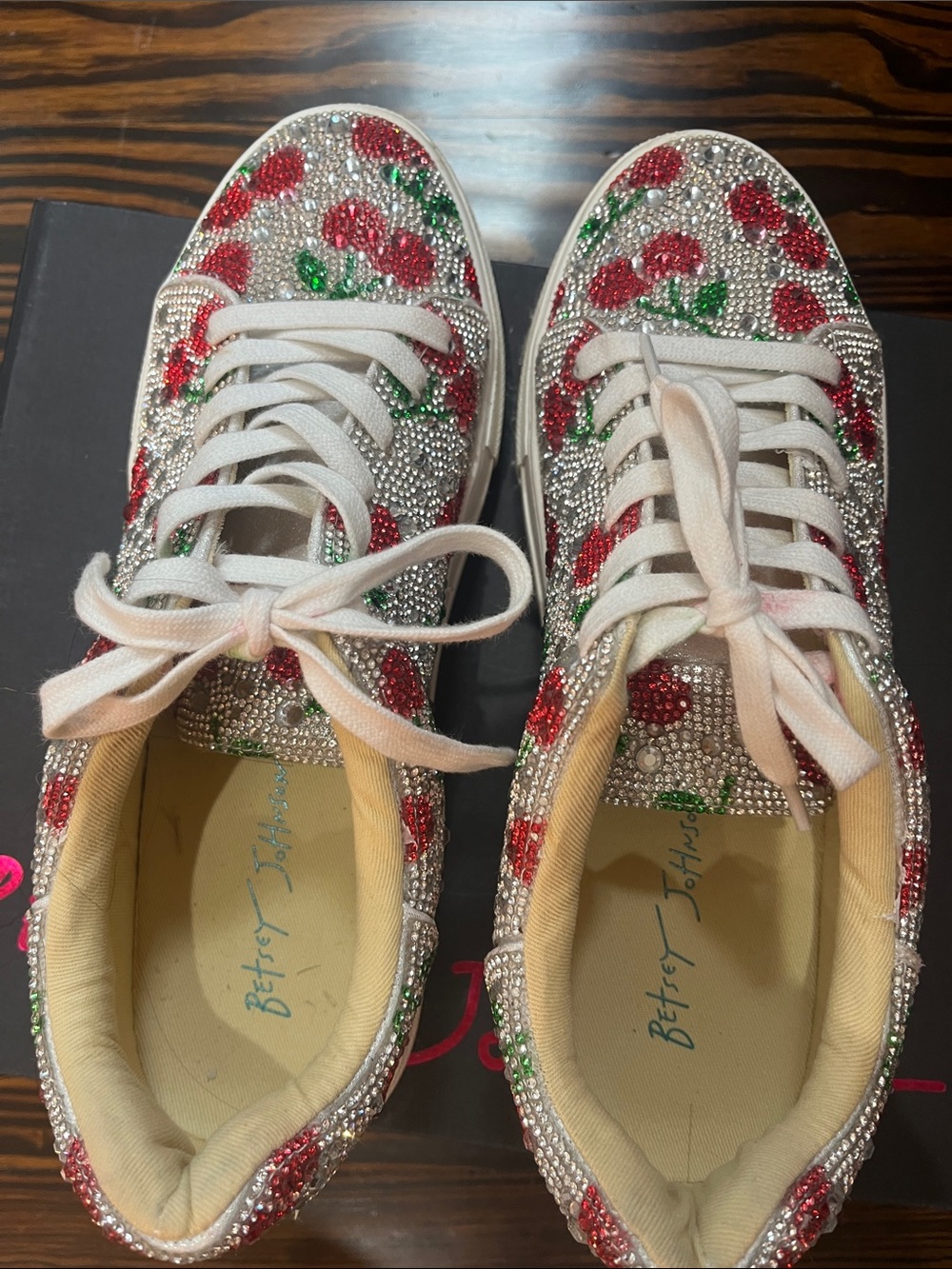 Betsey Johnson Crystal Cherry Embellished Sneakers - White/Red/Green - Picture 10 of 12